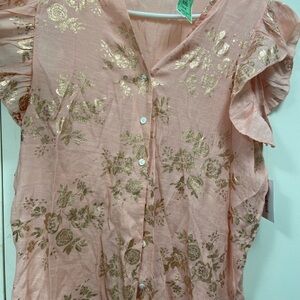 Anthropologie Kindred 1x pale pink peasant women’s blouse gold foil floral